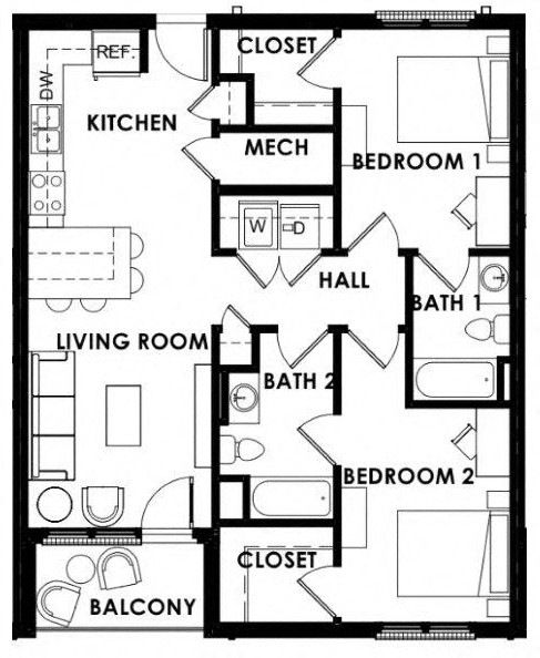 Floor plan for 2 beds, 2 baths, 956 sqft